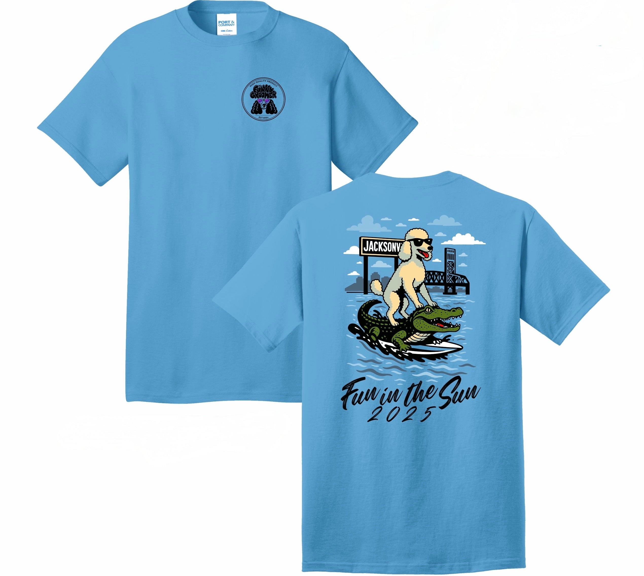 Light blue t-shirt with a graphic design on the front and back, featuring a dog and text.